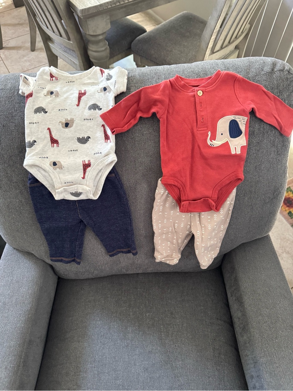 Red Elephant Bodysuit and Neutral Pants Matching Set for Kids size 3 months.